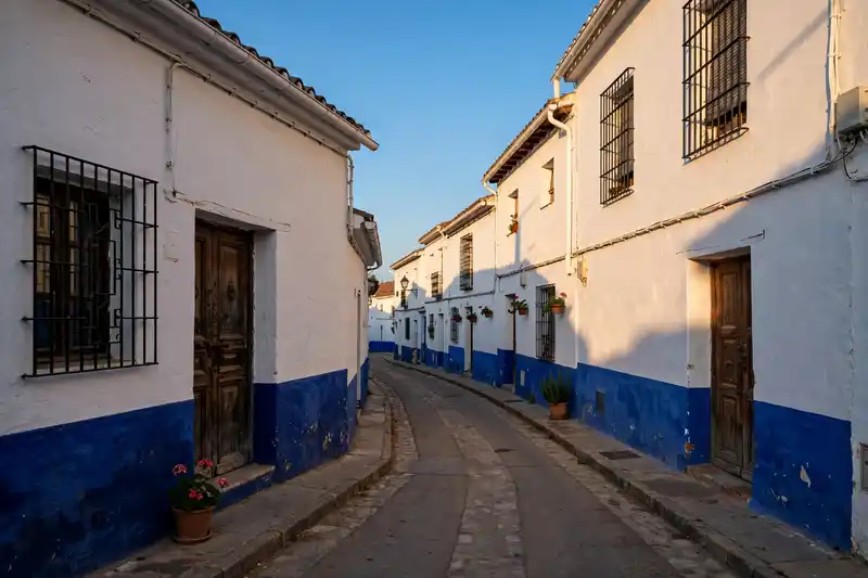 Una calle de Tomelloso con casas bajas encaladas y zócalo azul añil, a media tarde