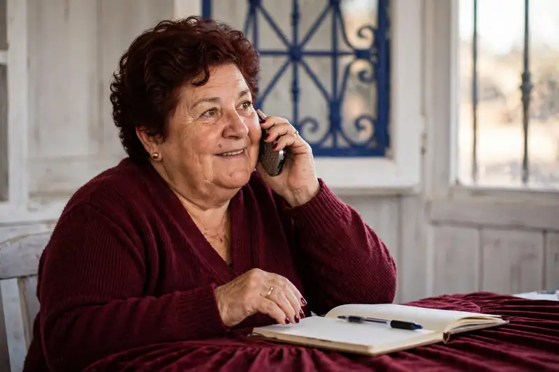 Nerea hablando por el móvil en su salita, con un cuaderno abierto delante