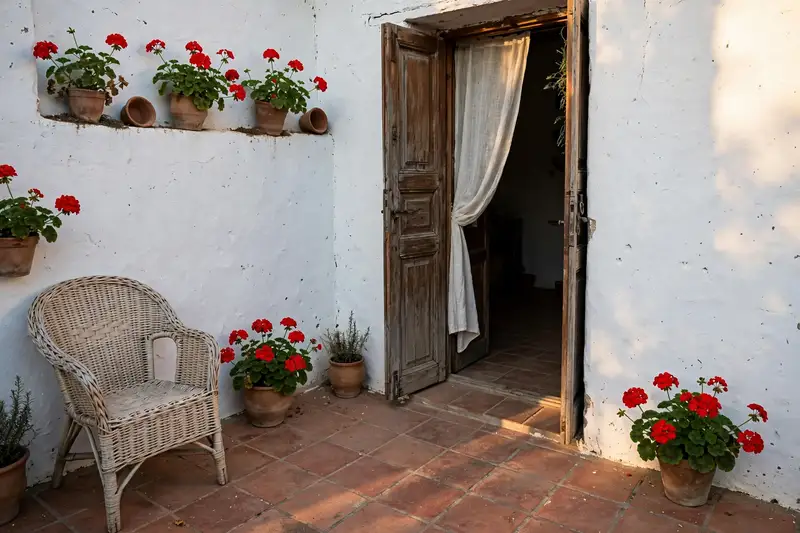 El patio encalado de la casa, con macetas de geranios rojos, una silla de mimbre y la puerta de la salita entreabierta