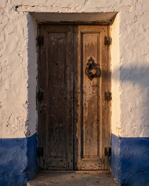 La puerta de madera cerrada de una casa baja encalada, con aldaba y zócalo azul