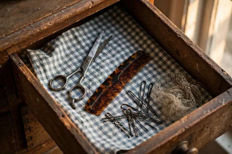Unas tijeras de peluquería antiguas, un peine de carey y unas horquillas en un cajón de madera abierto